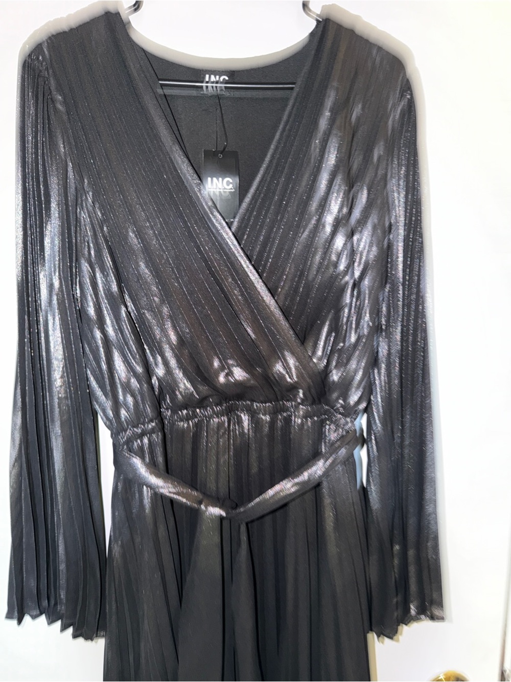 INC International Concepts Black Metallic Pleated Wrap Dress - Picture 3 of 7